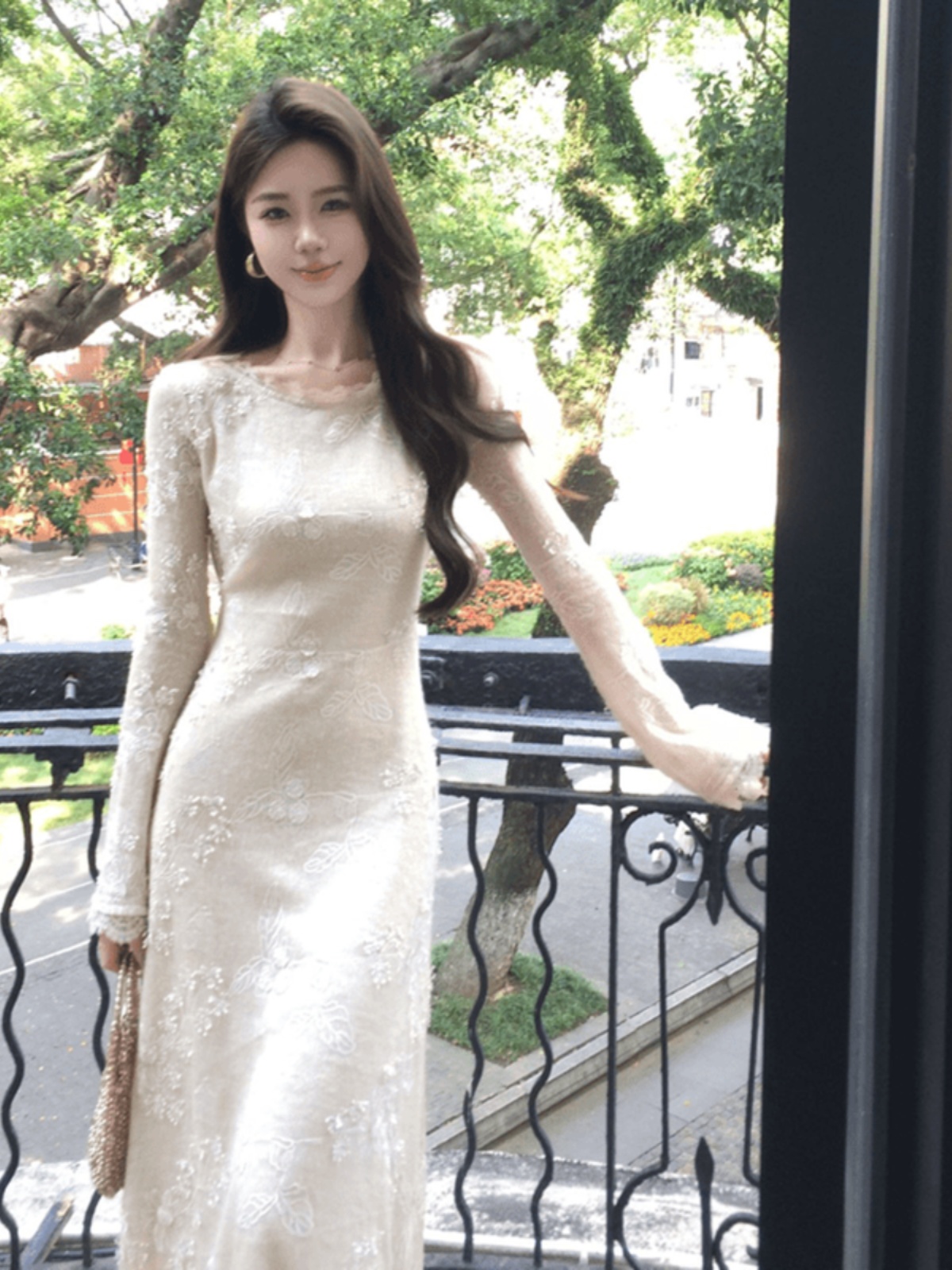 Elegant French-Style Jacquard Lace Long Sleeve Dress with Slip for Women - Perfect Early Spring Outfit Elegant French-Style Jacquard Lace Long Sleeve Dress with Slip for Women - Perfect Early Spring Outfit