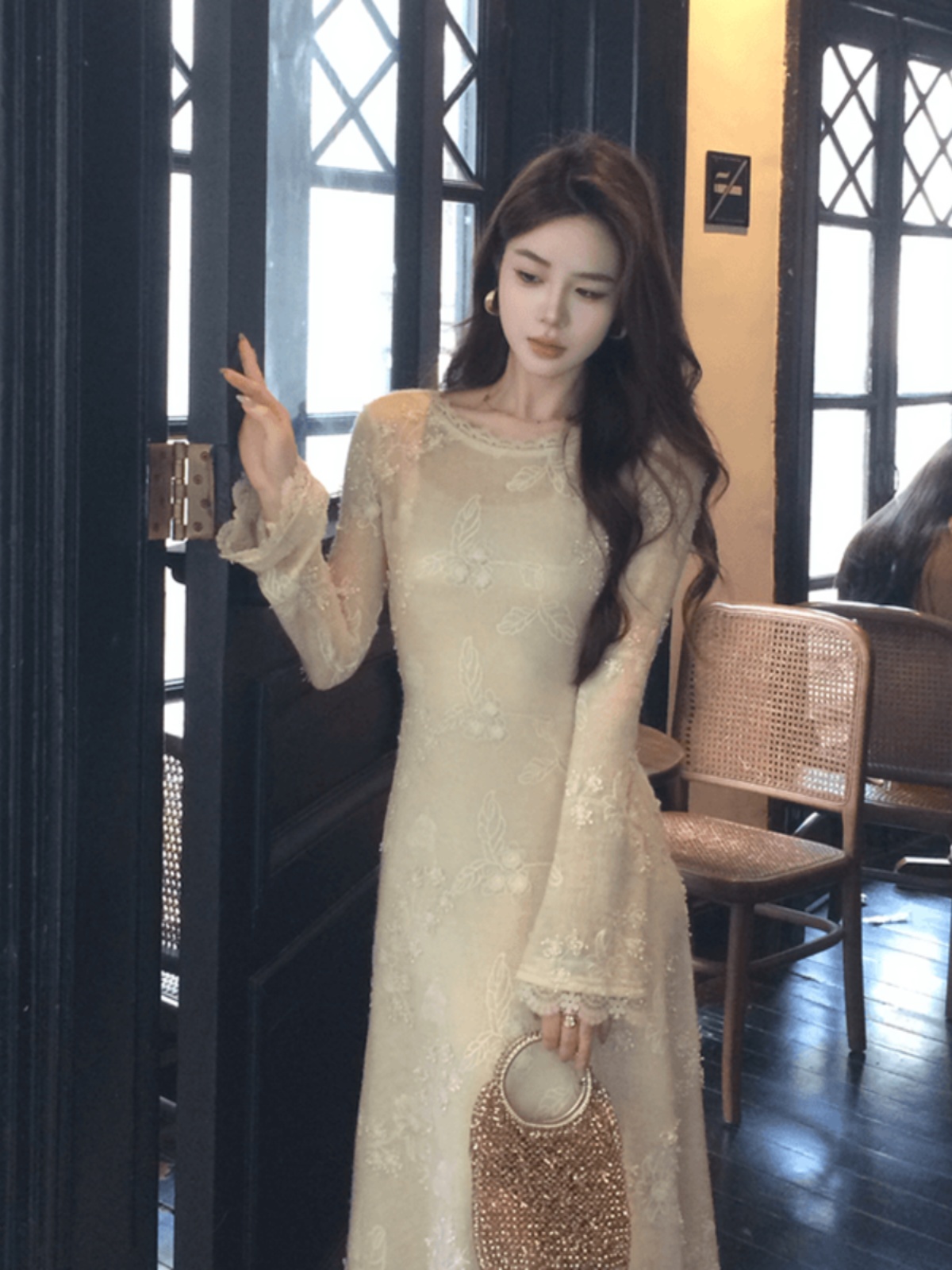 Elegant French-Style Jacquard Lace Long Sleeve Dress with Slip for Women - Perfect Early Spring Outfit Elegant French-Style Jacquard Lace Long Sleeve Dress with Slip for Women - Perfect Early Spring Outfit