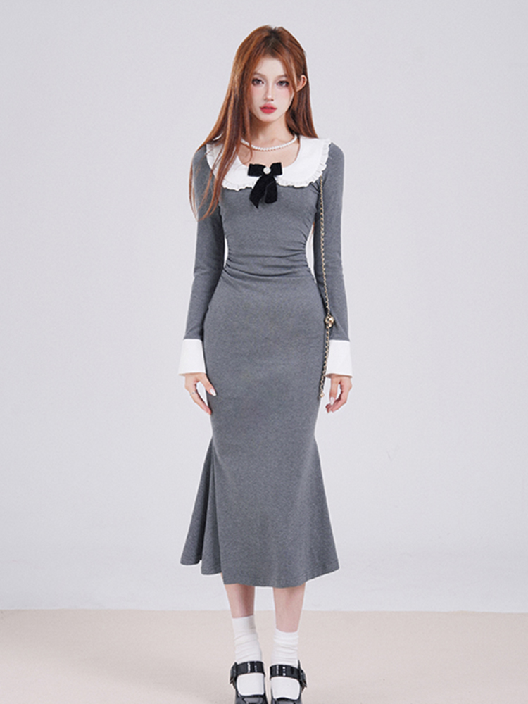 Elegant French-Style Long Sleeve Gray Doll Collar Dress for Women, Slim Fit Bodycon Skirt, Perfect for Spring Fashion Elegant French-Style Long Sleeve Gray Doll Collar Dress for Women, Slim Fit Bodycon Skirt, Perfect for Spring Fashion