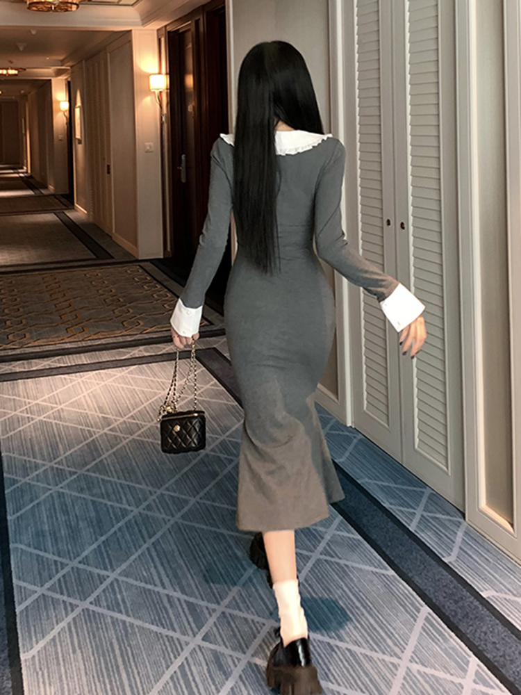 Elegant French-Style Long Sleeve Gray Doll Collar Dress for Women, Slim Fit Bodycon Skirt, Perfect for Spring Fashion Elegant French-Style Long Sleeve Gray Doll Collar Dress for Women, Slim Fit Bodycon Skirt, Perfect for Spring Fashion