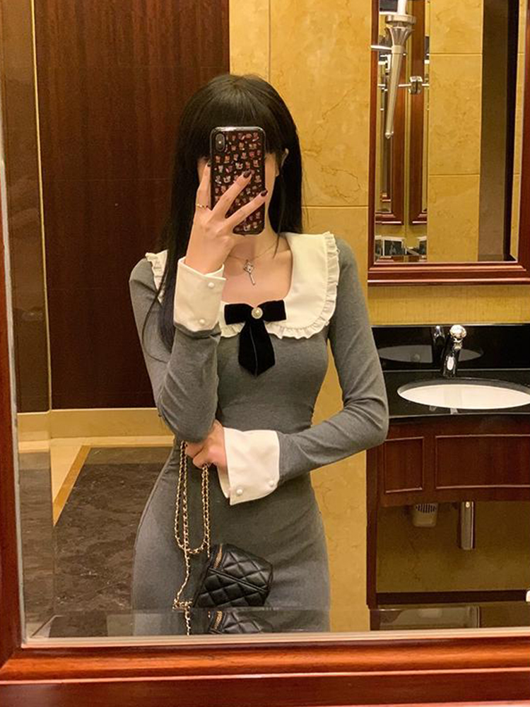 Elegant French-Style Long Sleeve Gray Doll Collar Dress for Women, Slim Fit Bodycon Skirt, Perfect for Spring Fashion Elegant French-Style Long Sleeve Gray Doll Collar Dress for Women, Slim Fit Bodycon Skirt, Perfect for Spring Fashion