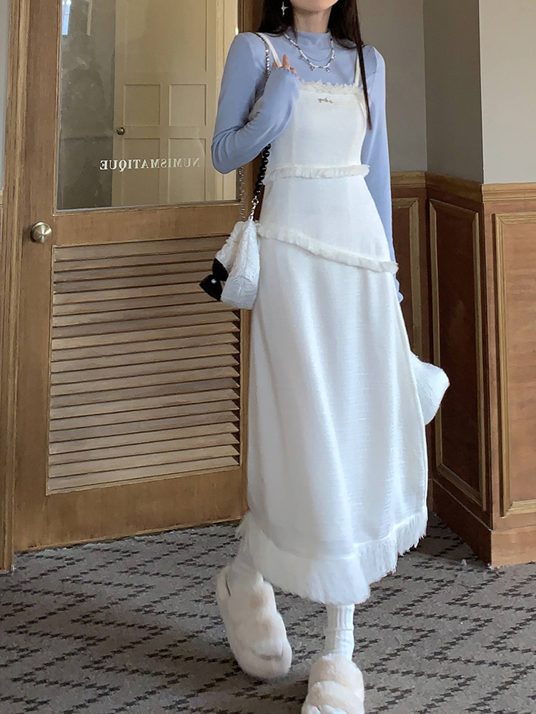 Elegant French Style Spaghetti Strap Dress with Waist-Cinching Design, Long Tassel Detail for Women - Perfect for Spring and Autumn Elegant French Style Spaghetti Strap Dress with Waist-Cinching Design, Long Tassel Detail for Women - Perfect for Spring and Autumn