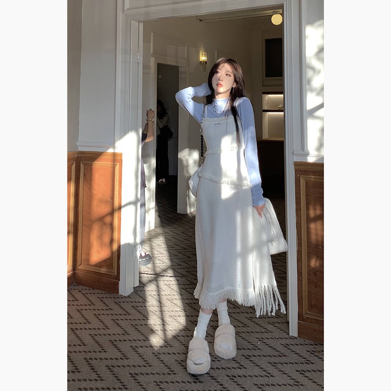 Elegant French Style Spaghetti Strap Dress with Waist-Cinching Design, Long Tassel Detail for Women - Perfect for Spring and Autumn Elegant French Style Spaghetti Strap Dress with Waist-Cinching Design, Long Tassel Detail for Women - Perfect for Spring and Autumn