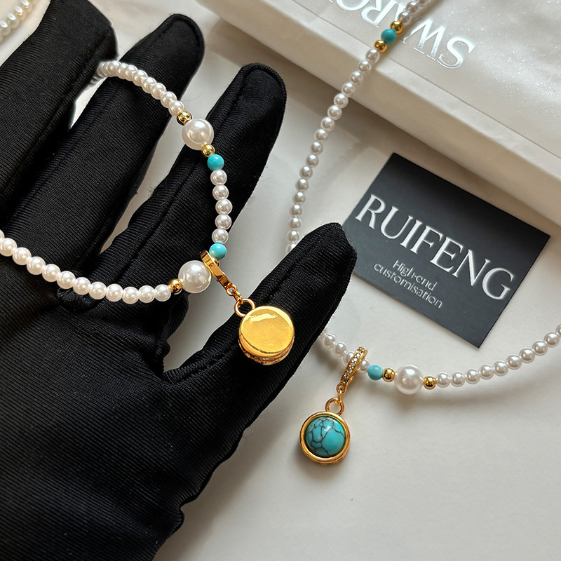 Elegant French-Style Turquoise Pendant Necklace for Women - Pearl Beaded Collarbone Chain, Light Luxury Accessory Elegant French-Style Turquoise Pendant Necklace for Women - Pearl Beaded Collarbone Chain, Light Luxury Accessory
