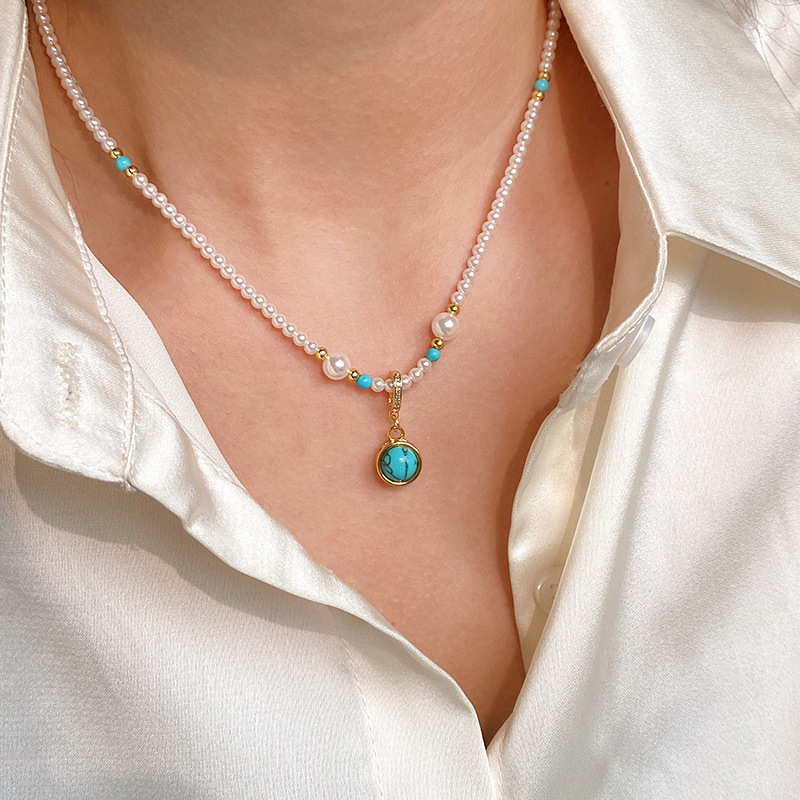 Elegant French-Style Turquoise Pendant Necklace for Women - Pearl Beaded Collarbone Chain, Light Luxury Accessory Elegant French-Style Turquoise Pendant Necklace for Women - Pearl Beaded Collarbone Chain, Light Luxury Accessory