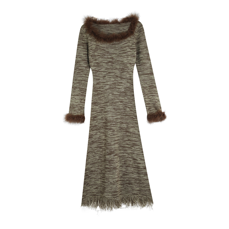 Elegant Fringed Striped Long Sleeve Dress for Women - Waist-Cinching Knitted Sweater Dress for Autumn and Winter Fashion Elegant Fringed Striped Long Sleeve Dress for Women - Waist-Cinching Knitted Sweater Dress for Autumn and Winter Fashion