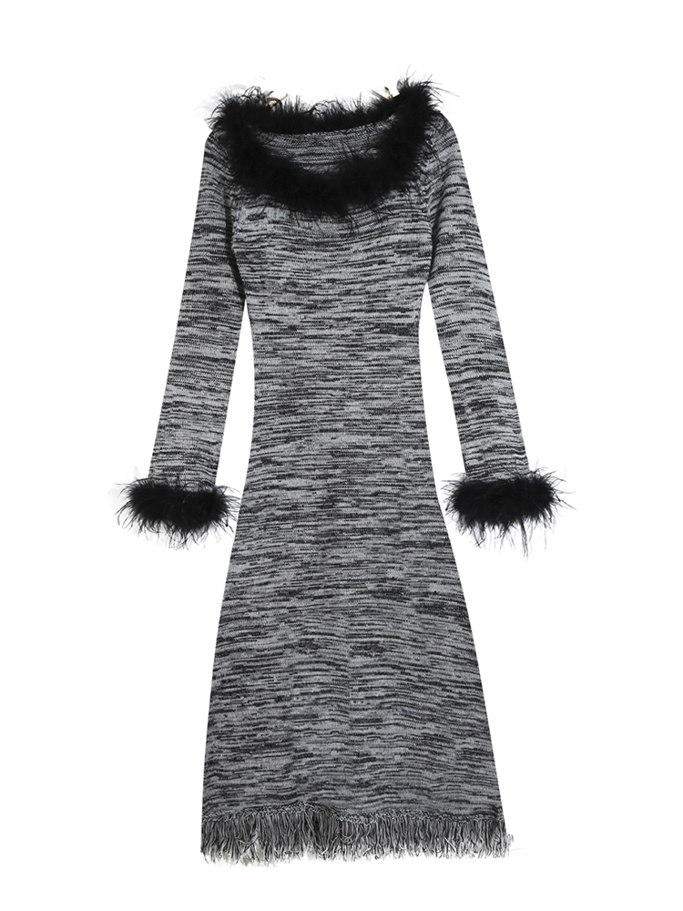 Elegant Fringed Striped Long Sleeve Dress for Women - Waist-Cinching Knitted Sweater Dress for Autumn and Winter Fashion Elegant Fringed Striped Long Sleeve Dress for Women - Waist-Cinching Knitted Sweater Dress for Autumn and Winter Fashion