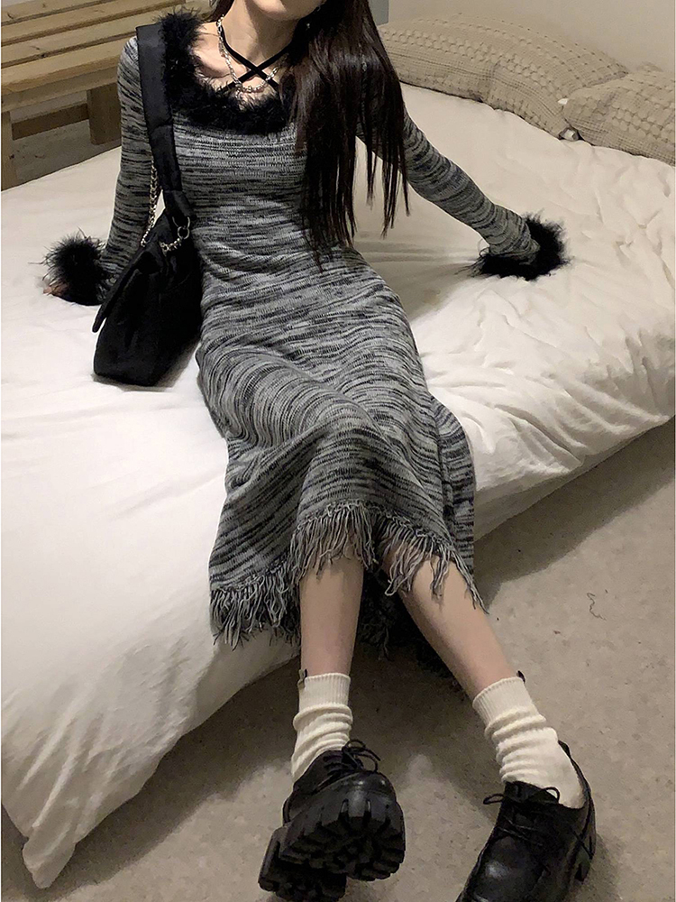 Elegant Fringed Striped Long Sleeve Dress for Women - Waist-Cinching Knitted Sweater Dress for Autumn and Winter Fashion Elegant Fringed Striped Long Sleeve Dress for Women - Waist-Cinching Knitted Sweater Dress for Autumn and Winter Fashion