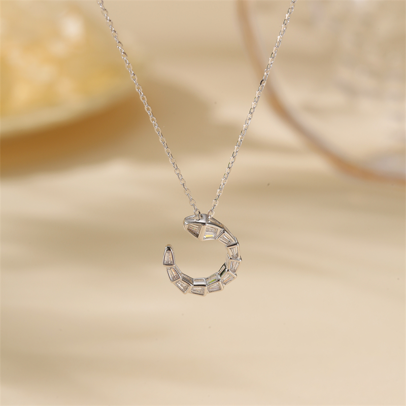 Elegant Full Diamond Snake-Shaped Pure Silver Necklace for Women - Blue and White Porcelain Clavicle Chain, Light Luxury Design