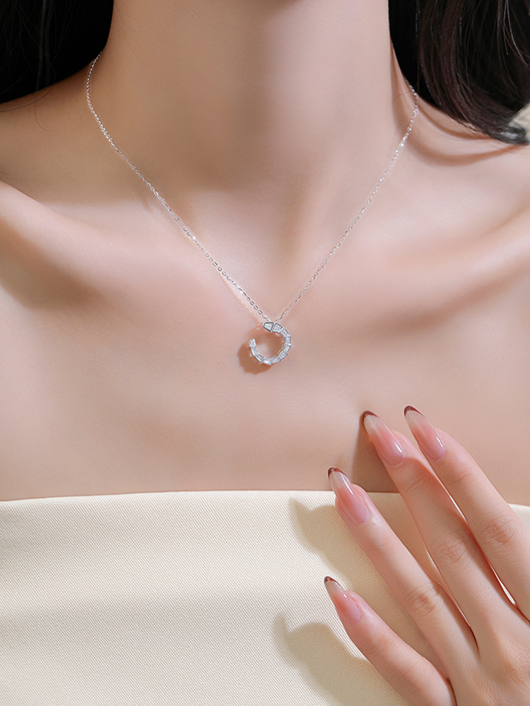Elegant Full Diamond Snake-Shaped Pure Silver Necklace for Women - Blue and White Porcelain Clavicle Chain, Light Luxury Design Elegant Full Diamond Snake-Shaped Pure Silver Necklace for Women - Blue and White Porcelain Clavicle Chain, Light Luxury Design
