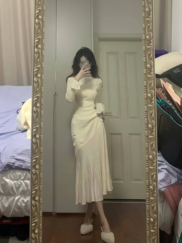 Elegant Handmade Hook Flower Knitted Dress for Women, Slim Fit Waist-Defining Long Dress for Spring & Autumn, Chic Style Elegant Handmade Hook Flower Knitted Dress for Women, Slim Fit Waist-Defining Long Dress for Spring & Autumn, Chic Style