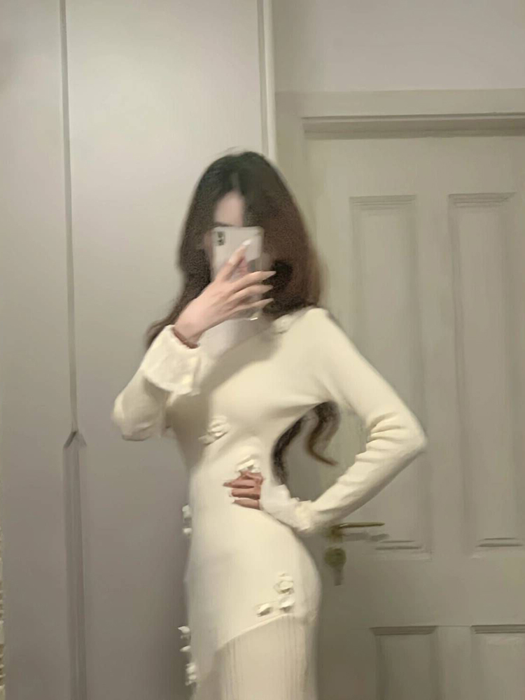 Elegant Handmade Hook Flower Knitted Dress for Women, Slim Fit Waist-Defining Long Dress for Spring & Autumn, Chic Style Elegant Handmade Hook Flower Knitted Dress for Women, Slim Fit Waist-Defining Long Dress for Spring & Autumn, Chic Style