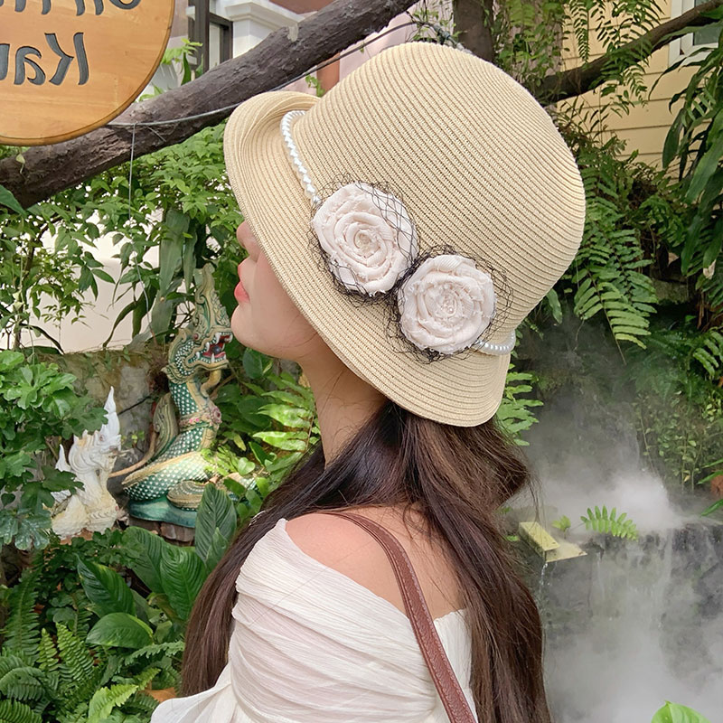 Elegant Hepburn-Style Floral Pearl Sun Hat for Women - 2025 New Model, Sun Protection Fisherman Hat, Vintage-Inspired Fashion Accessory