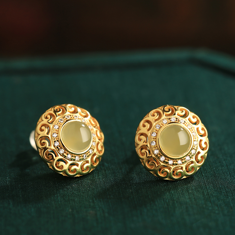 Elegant Hetian Jade and Silver Flower Wire Earrings with 18K Gold Peace Buckle - High-End Light Luxury Jewelry for Women