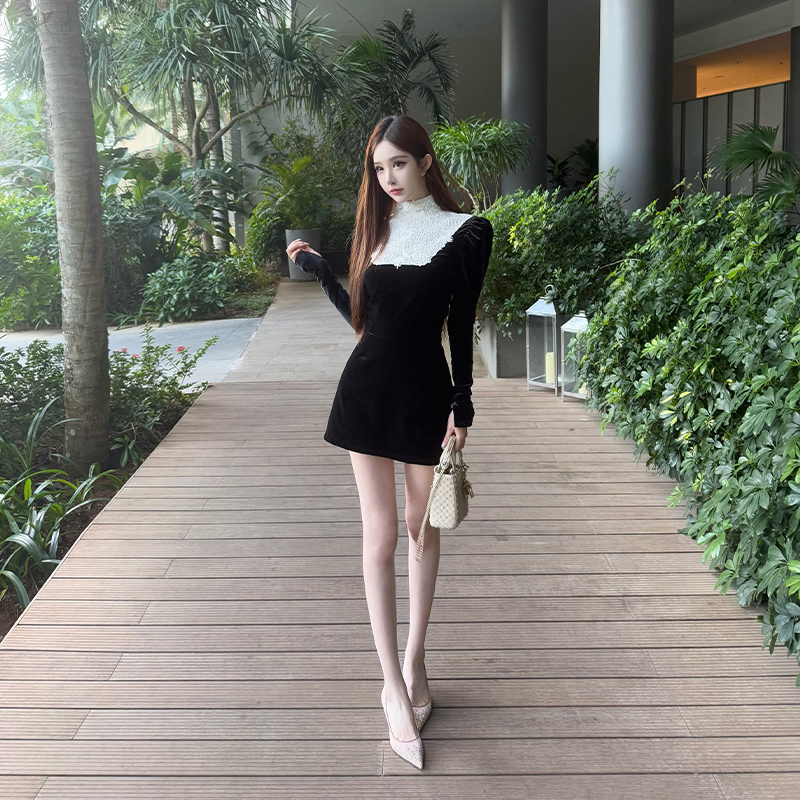 Elegant High-End Lace Splicing Dress for Women - Dark Night Rose | Spring & Summer Short Dress in Lady Style