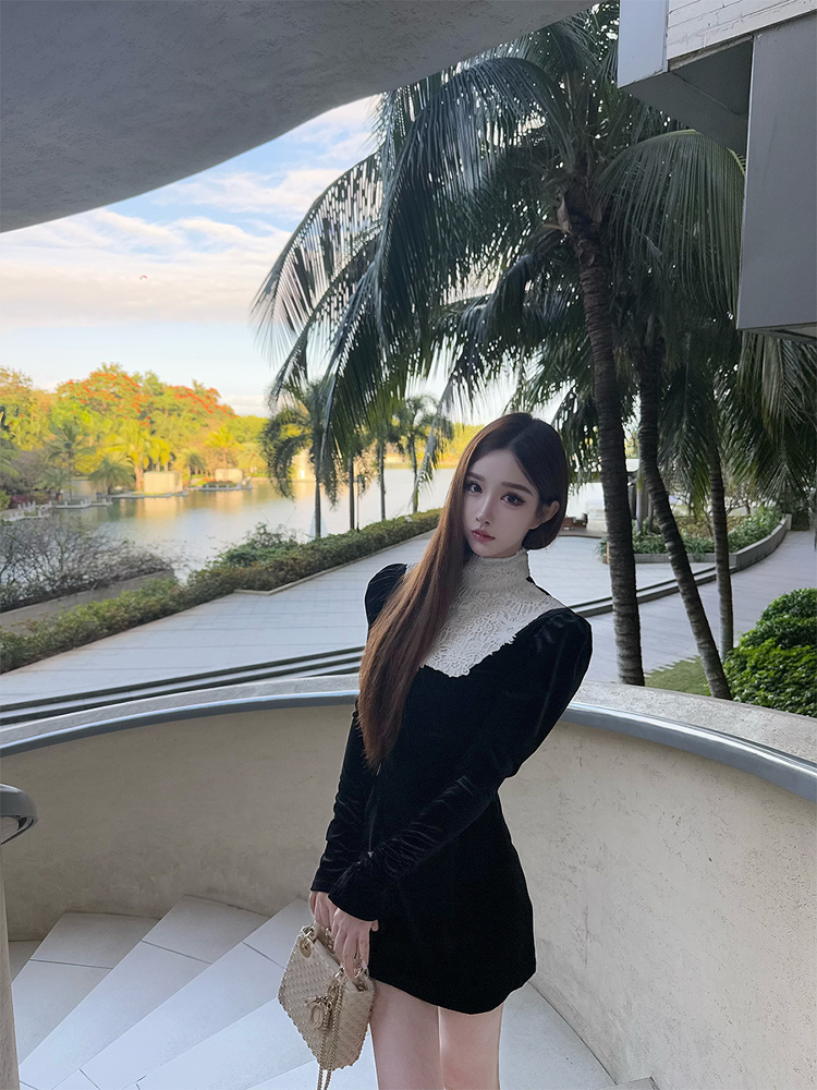 Elegant High-End Lace Splicing Dress for Women - Dark Night Rose | Spring & Summer Short Dress in Lady Style Elegant High-End Lace Splicing Dress for Women - Dark Night Rose | Spring & Summer Short Dress in Lady Style