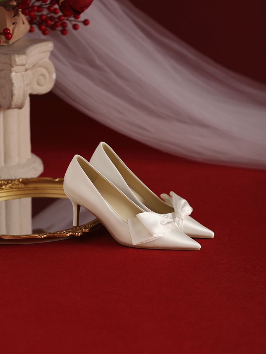 Elegant High Heels White Satin Bridal Shoes with Bow, French Style Comfortable Wedding Shoes for Bride Elegant High Heels White Satin Bridal Shoes with Bow, French Style Comfortable Wedding Shoes for Bride