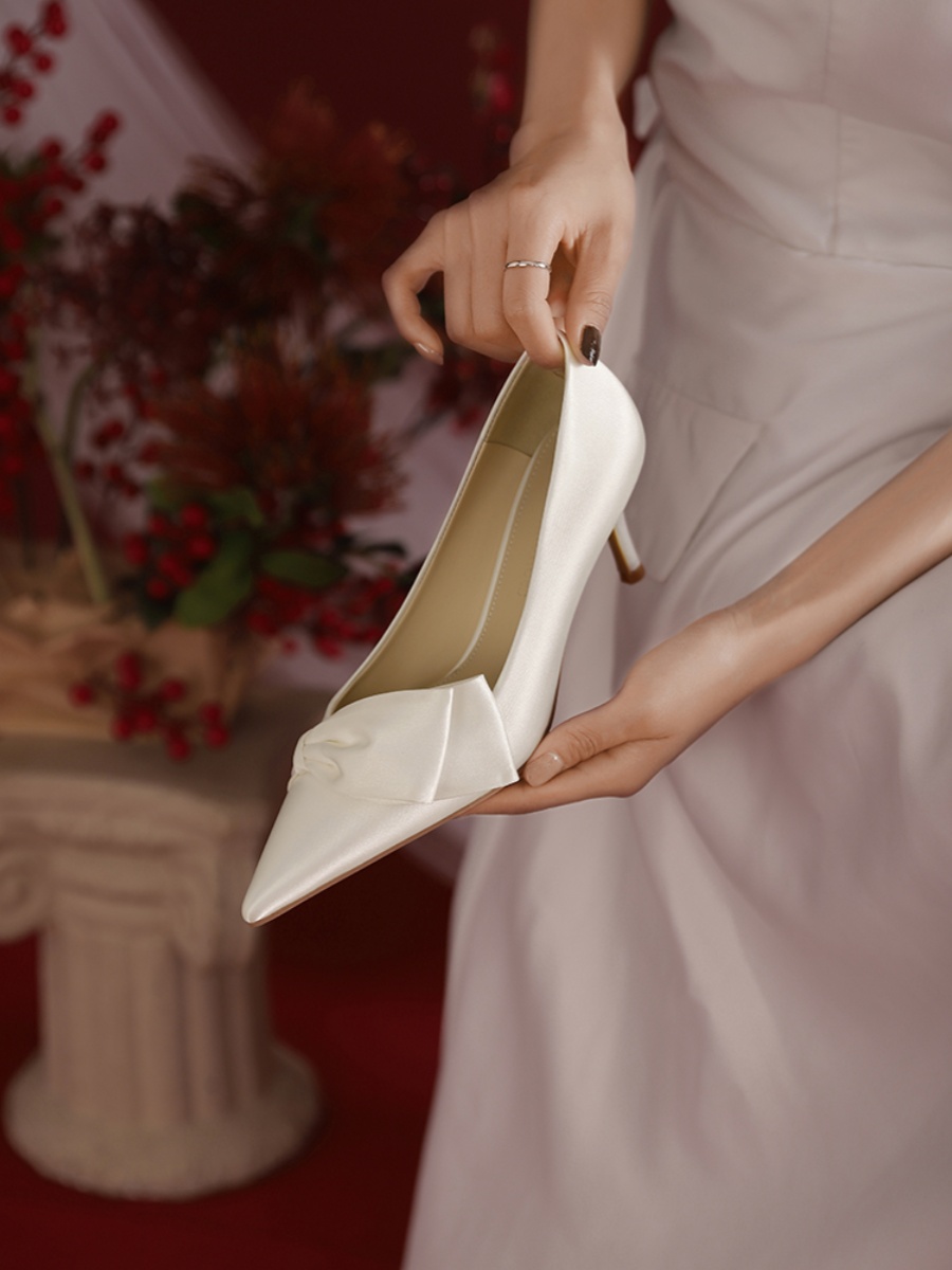 Elegant High Heels White Satin Bridal Shoes with Bow, French Style Comfortable Wedding Shoes for Bride Elegant High Heels White Satin Bridal Shoes with Bow, French Style Comfortable Wedding Shoes for Bride