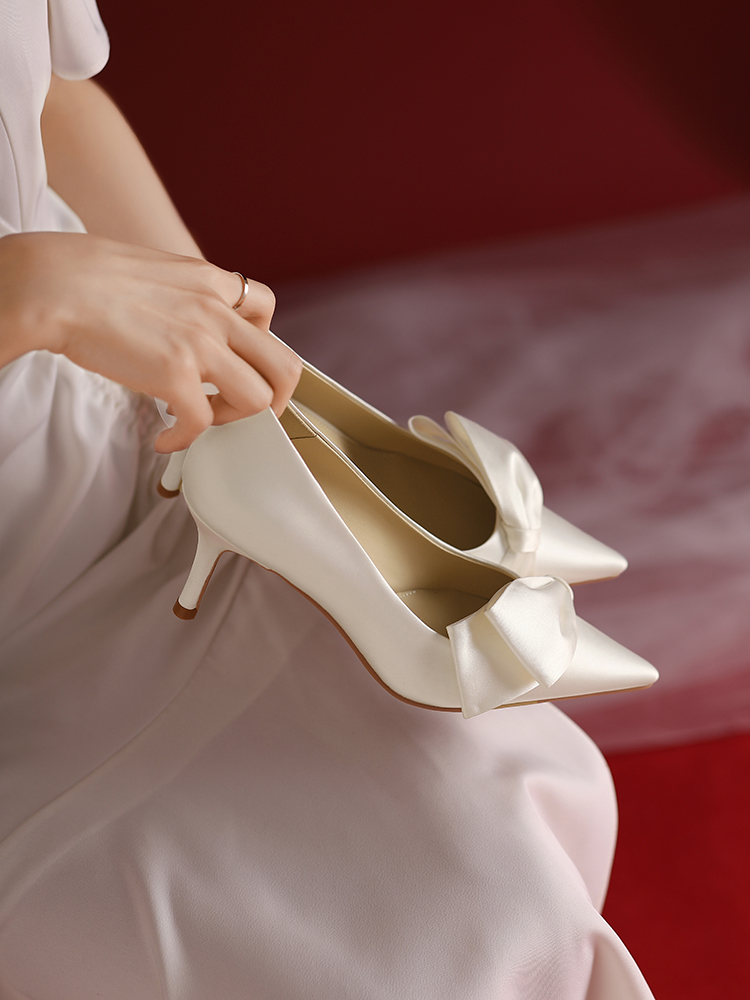 Elegant High Heels White Satin Bridal Shoes with Bow, French Style Comfortable Wedding Shoes for Bride