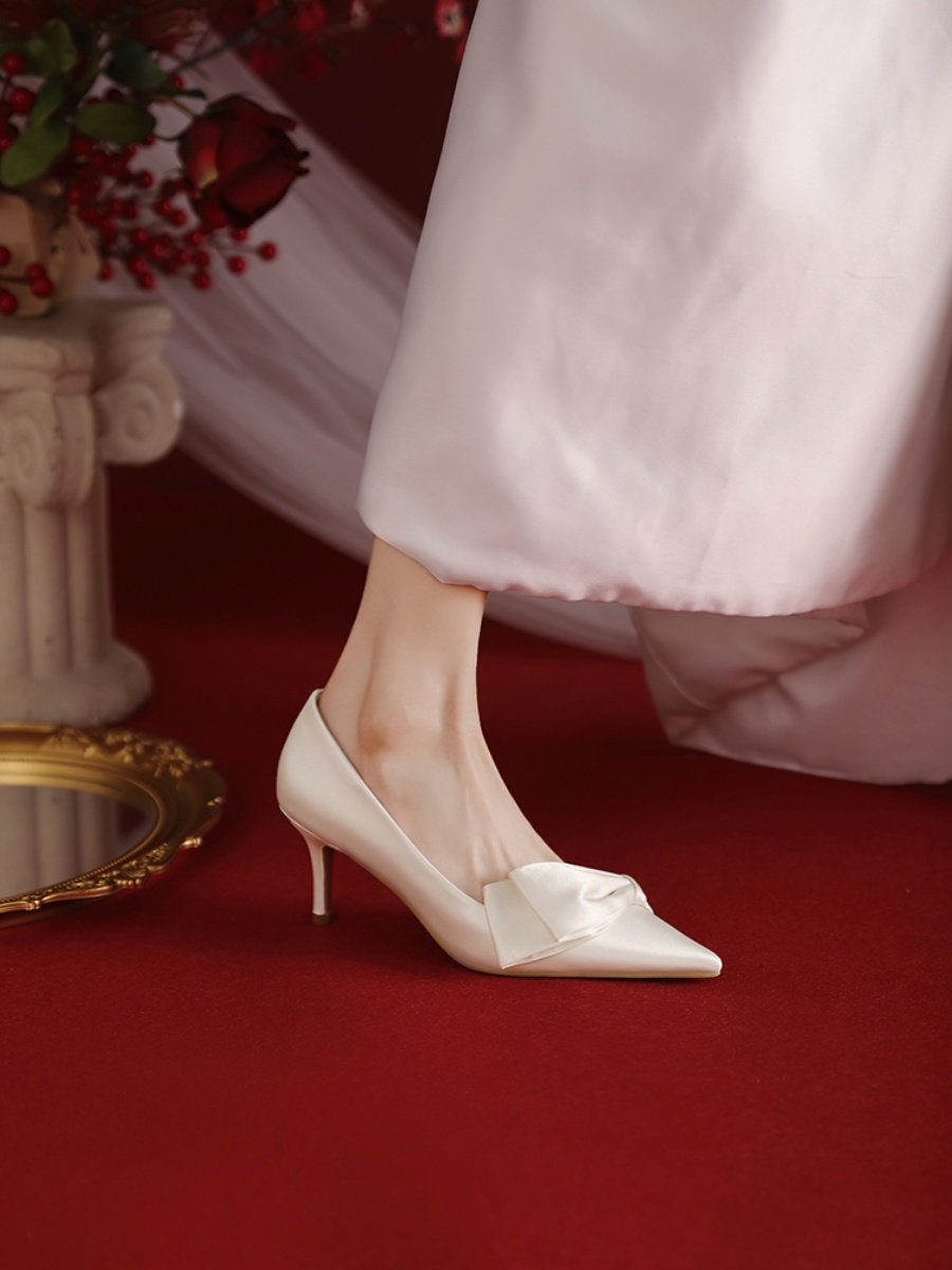 Elegant High Heels White Satin Bridal Shoes with Bow, French Style Comfortable Wedding Shoes for Bride Elegant High Heels White Satin Bridal Shoes with Bow, French Style Comfortable Wedding Shoes for Bride