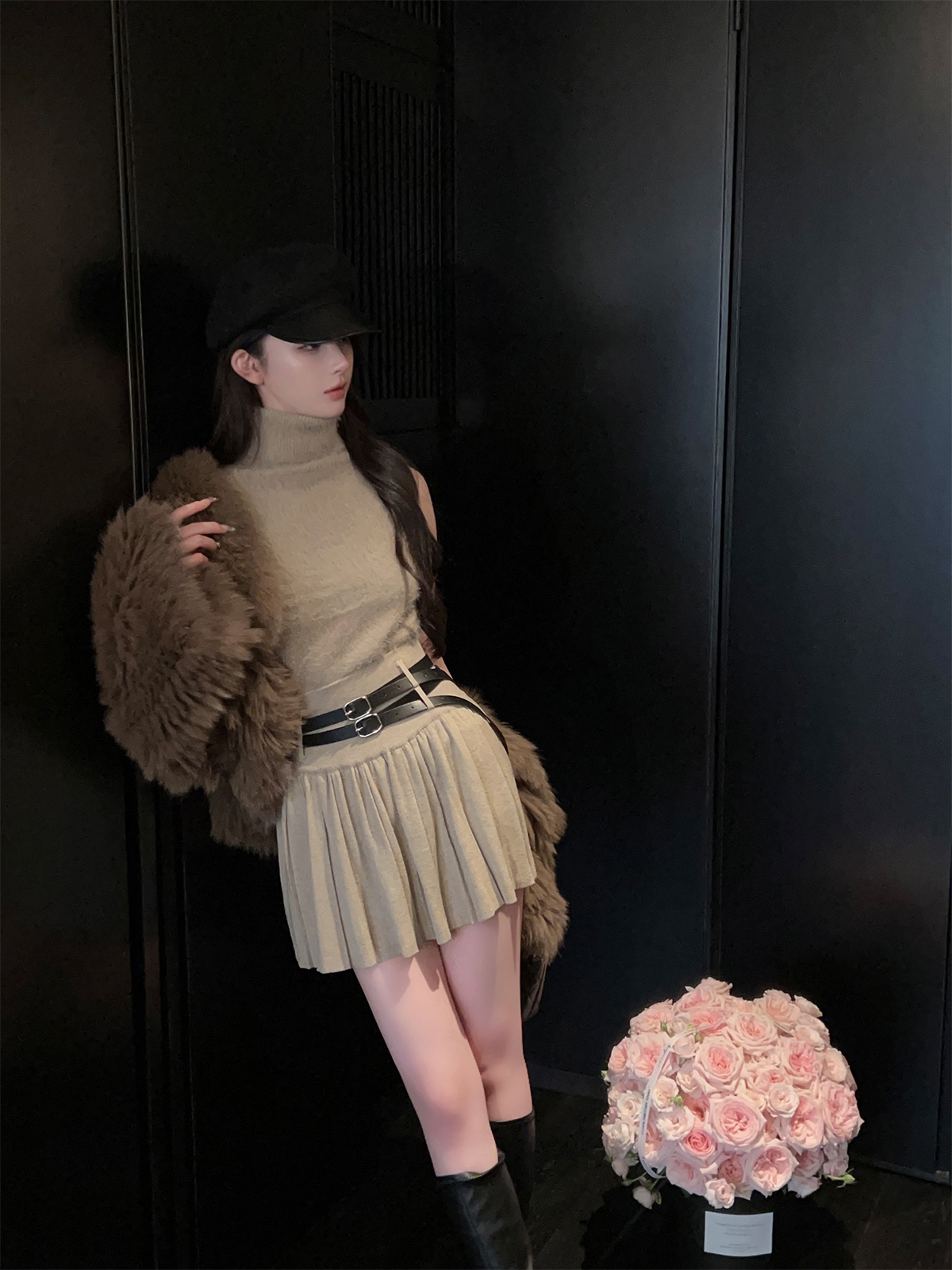 Elegant High Waist Pleated A-Line Skirt - Stretch Knitted Autumn Winter Fashion with Double Waistbands