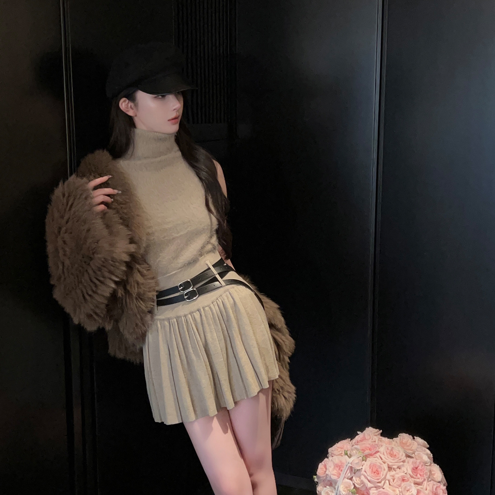 Elegant High Waist Pleated A-Line Skirt - Stretch Knitted Autumn Winter Fashion with Double Waistbands