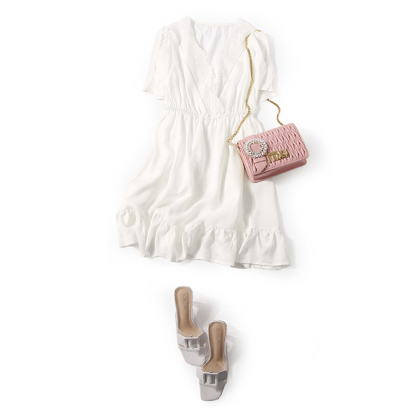 Elegant Hollow Embroidery Lace V-Neck Ruffle Casual Dress for Women - Summer 90s Inspired European Style with Elastic Waist Elegant Hollow Embroidery Lace V-Neck Ruffle Casual Dress for Women - Summer 90s Inspired European Style with Elastic Waist