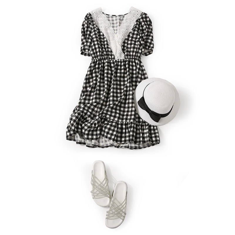 Elegant Hollow Embroidery Lace V-Neck Ruffle Casual Dress for Women - Summer 90s Inspired European Style with Elastic Waist Elegant Hollow Embroidery Lace V-Neck Ruffle Casual Dress for Women - Summer 90s Inspired European Style with Elastic Waist