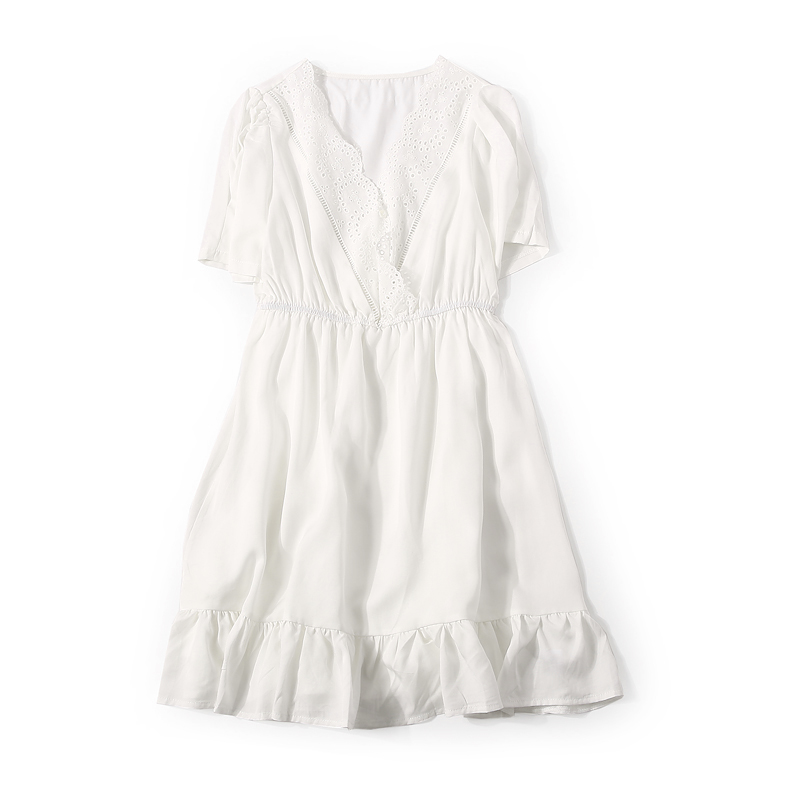 Elegant Hollow Embroidery Lace V-Neck Ruffle Casual Dress for Women - Summer 90s Inspired European Style with Elastic Waist Elegant Hollow Embroidery Lace V-Neck Ruffle Casual Dress for Women - Summer 90s Inspired European Style with Elastic Waist