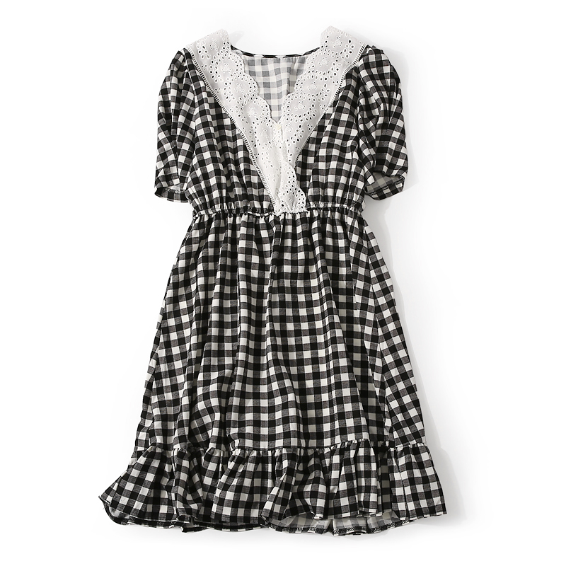 Elegant Hollow Embroidery Lace V-Neck Ruffle Casual Dress for Women - Summer 90s Inspired European Style with Elastic Waist