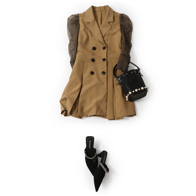 Elegant Lapel Double-Breasted Rhinestone Mesh Sleeve Casual Dress Coat for Women - European Spring Autumn Fashion Trend