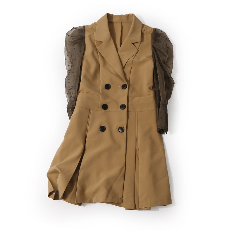 Elegant Lapel Double-Breasted Rhinestone Mesh Sleeve Casual Dress Coat for Women - European Spring Autumn Fashion Trend Elegant Lapel Double-Breasted Rhinestone Mesh Sleeve Casual Dress Coat for Women - European Spring Autumn Fashion Trend
