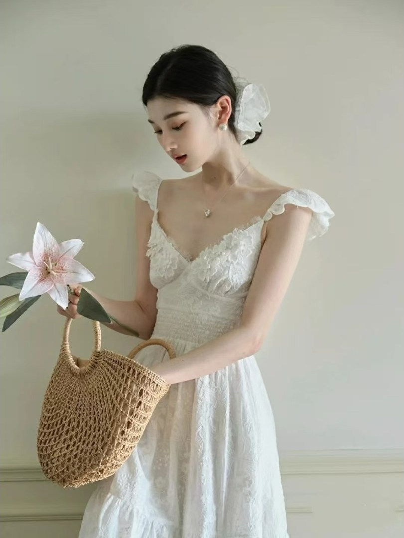 Elegant Long White Fairy Dress with Heavy Lace, Spaghetti Straps, Open Back - Perfect for Vacation Photos, Boho Chic Style