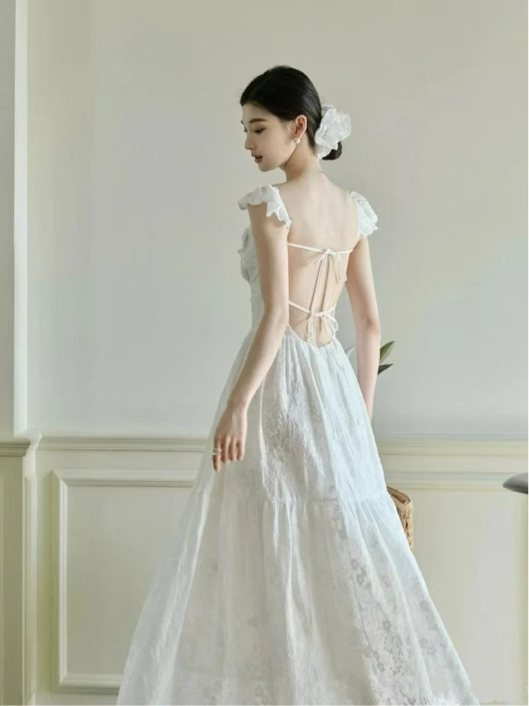 Elegant Long White Fairy Dress with Heavy Lace, Spaghetti Straps, Open Back - Perfect for Vacation Photos, Boho Chic Style Elegant Long White Fairy Dress with Heavy Lace, Spaghetti Straps, Open Back - Perfect for Vacation Photos, Boho Chic Style