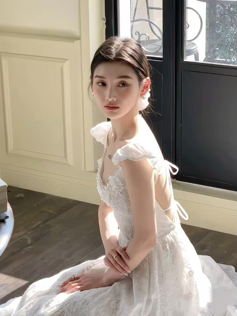 Elegant Long White Fairy Dress with Heavy Lace, Spaghetti Straps, Open Back - Perfect for Vacation Photos, Boho Chic Style Elegant Long White Fairy Dress with Heavy Lace, Spaghetti Straps, Open Back - Perfect for Vacation Photos, Boho Chic Style