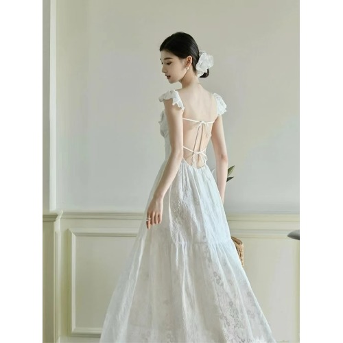 Elegant Long White Fairy Dress with Heavy Lace, Spaghetti Straps, Open Back - Perfect for Vacation Photos, Boho Chic Style