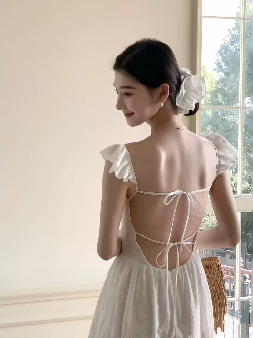 Elegant Long White Fairy Dress with Heavy Lace, Spaghetti Straps, Open Back - Perfect for Vacation Photos, Boho Chic Style Elegant Long White Fairy Dress with Heavy Lace, Spaghetti Straps, Open Back - Perfect for Vacation Photos, Boho Chic Style