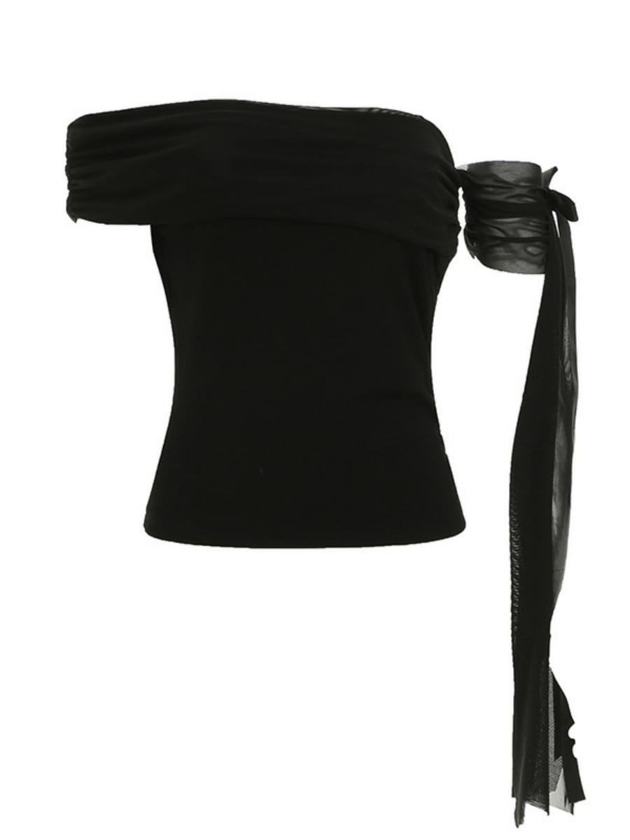 Elegant Off-Shoulder Asymmetrical Knitted Slim-Fit Top with Flowing Strap and Pleated Design - Short Sleeve Fashion T-Shirt Elegant Off-Shoulder Asymmetrical Knitted Slim-Fit Top with Flowing Strap and Pleated Design - Short Sleeve Fashion T-Shirt