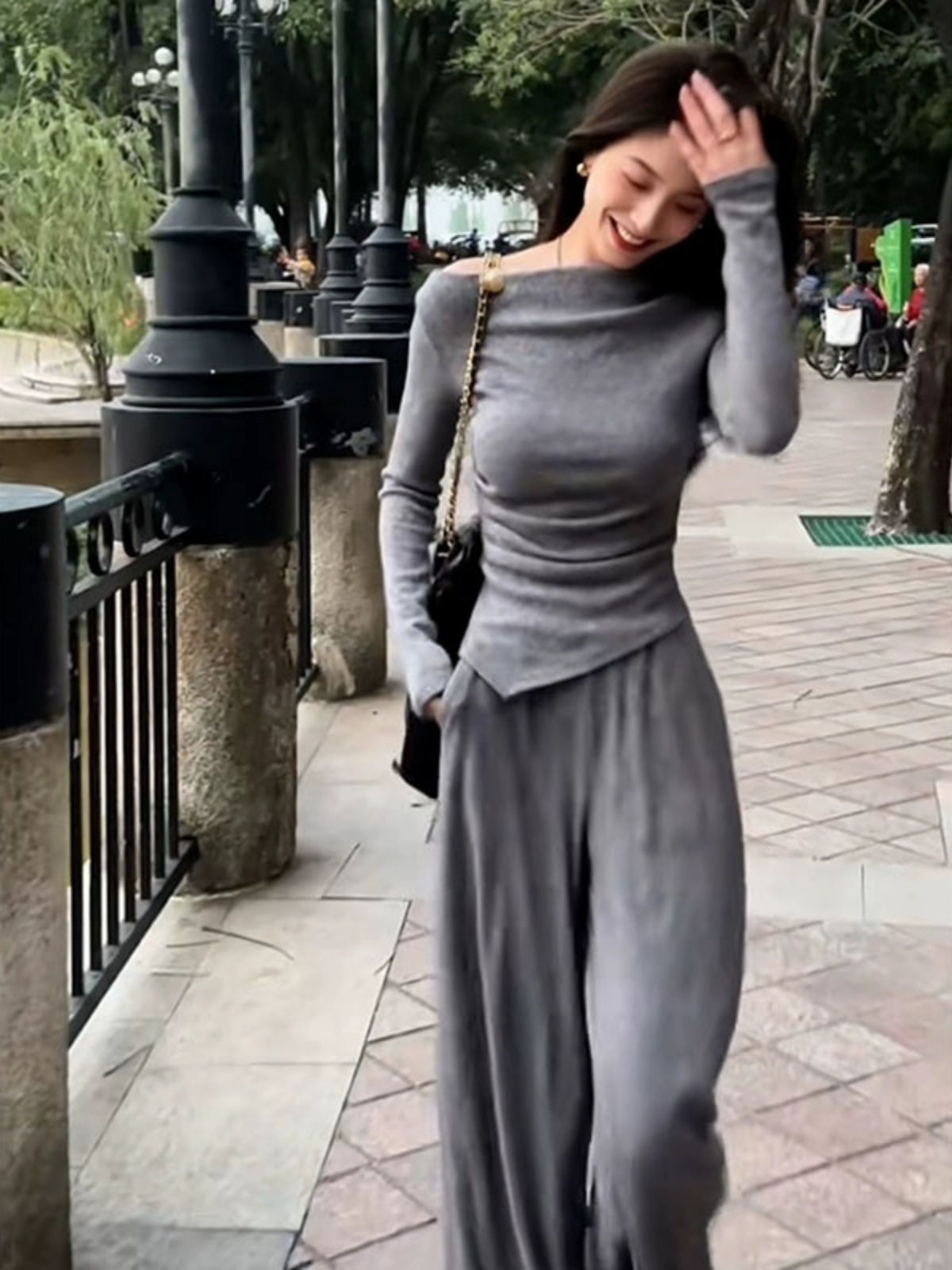 Elegant Off-Shoulder Long Sleeve Top & Wide-Leg Pants Two-Piece Set for Women - French Style Casual Autumn Winter Outfit Elegant Off-Shoulder Long Sleeve Top & Wide-Leg Pants Two-Piece Set for Women - French Style Casual Autumn Winter Outfit