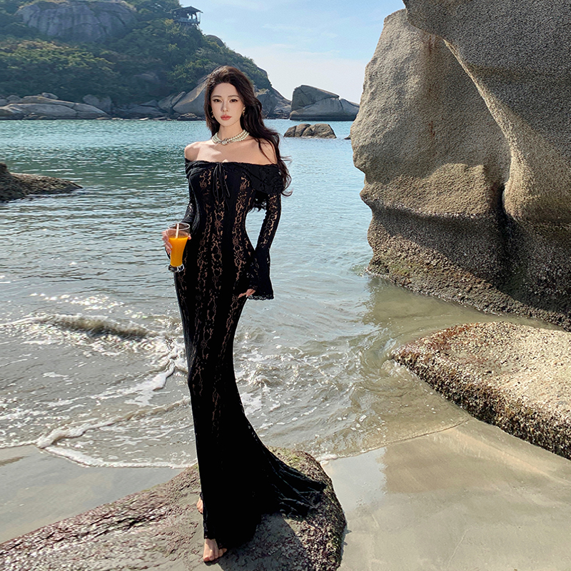Elegant One-Shoulder Black Lace Dress for Women, High-End Waist-Cinching Mermaid Gown, French Style, Slimming Evening Wear