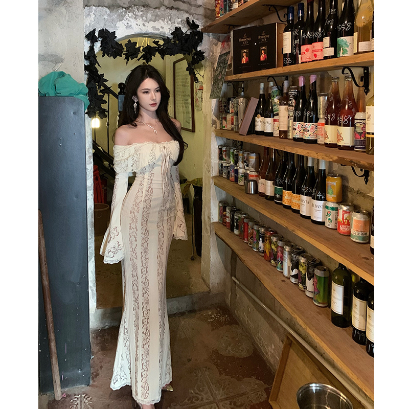 Elegant One-Shoulder Black Lace Dress for Women, High-End Waist-Cinching Mermaid Gown, French Style, Slimming Evening Wear Elegant One-Shoulder Black Lace Dress for Women, High-End Waist-Cinching Mermaid Gown, French Style, Slimming Evening Wear