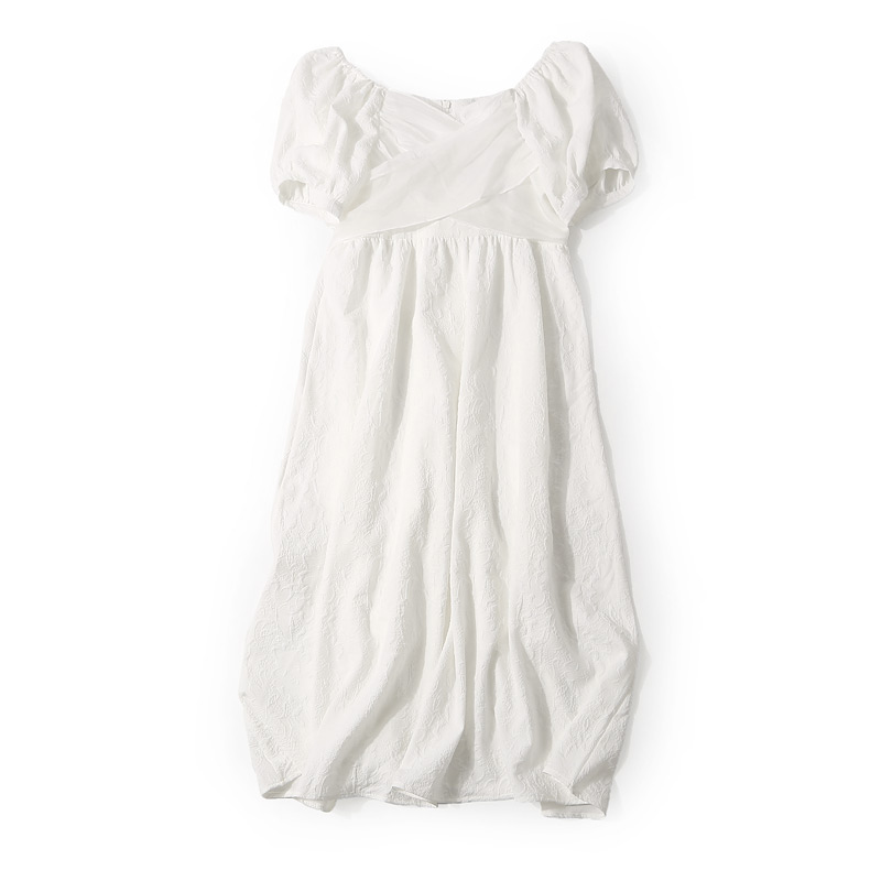 Elegant One-Shoulder Tie Bow Jacquard Dress with Puff Sleeves - Summer European Style for Women Elegant One-Shoulder Tie Bow Jacquard Dress with Puff Sleeves - Summer European Style for Women