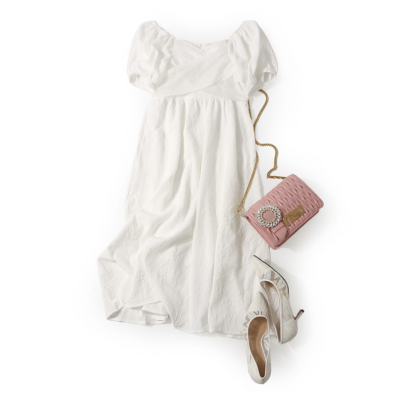 Elegant One-Shoulder Tie Bow Jacquard Dress with Puff Sleeves - Summer European Style for Women