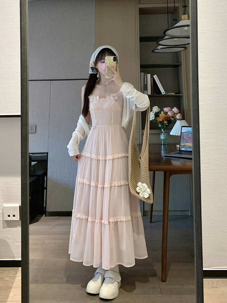 Elegant Pink Spaghetti Strap Dress with Flared Skirt - 2025 Spring/Summer Vacation Style, Perfect for Y2K and 90s Fashion Lovers