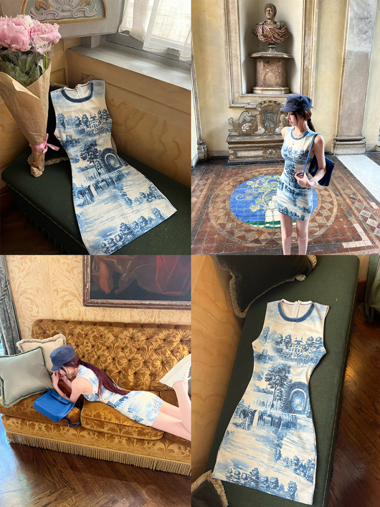 Elegant Porcelain Rhythm Blue and White Printed Sleeveless Tank Dress for Women, High-End Feel, Trendy 90s Style Elegant Porcelain Rhythm Blue and White Printed Sleeveless Tank Dress for Women, High-End Feel, Trendy 90s Style