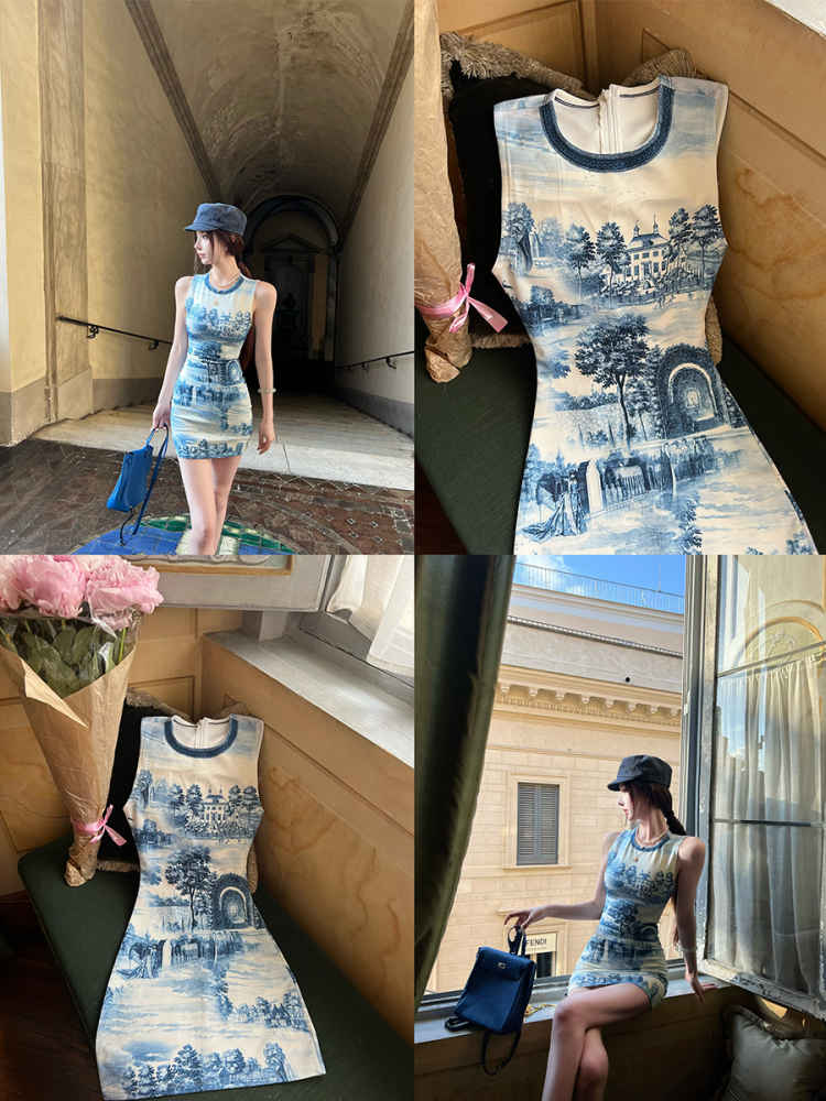 Elegant Porcelain Rhythm Blue and White Printed Sleeveless Tank Dress for Women, High-End Feel, Trendy 90s Style Elegant Porcelain Rhythm Blue and White Printed Sleeveless Tank Dress for Women, High-End Feel, Trendy 90s Style