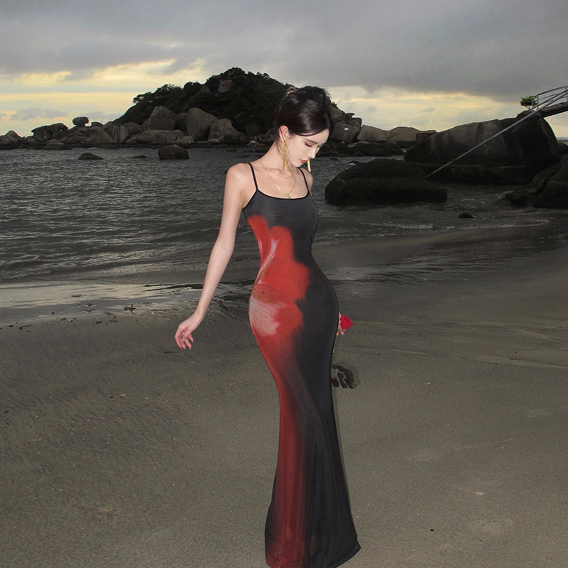 Elegant Printed Fishtail Long Dress with Spaghetti Straps, Stretchy Mesh, Summer Slim-Fit Bodycon Style