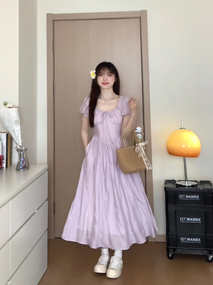 Elegant Purple Waist-Defining Slimming Short Sleeve Dress - Sweet Momo Summer Collection, Perfect for 90s and Y2K Inspired Looks Elegant Purple Waist-Defining Slimming Short Sleeve Dress - Sweet Momo Summer Collection, Perfect for 90s and Y2K Inspired Looks