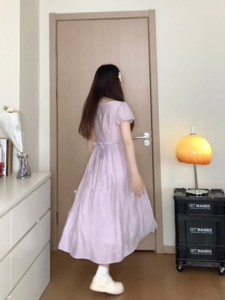 Elegant Purple Waist-Defining Slimming Short Sleeve Dress - Sweet Momo Summer Collection, Perfect for 90s and Y2K Inspired Looks Elegant Purple Waist-Defining Slimming Short Sleeve Dress - Sweet Momo Summer Collection, Perfect for 90s and Y2K Inspired Looks