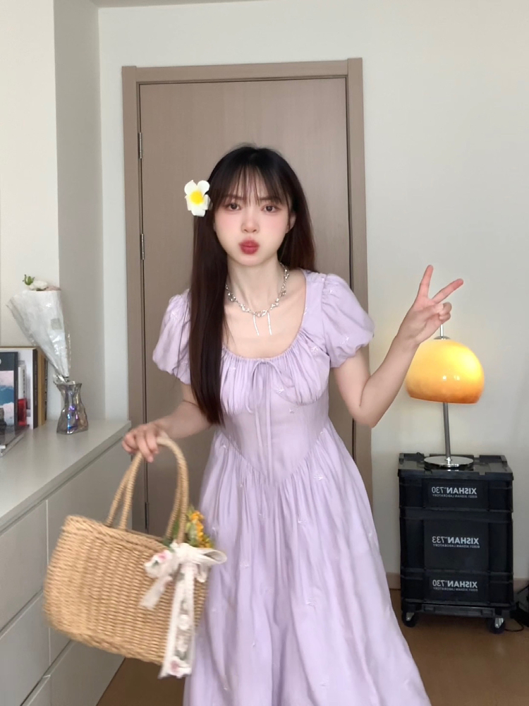 Elegant Purple Waist-Defining Slimming Short Sleeve Dress - Sweet Momo Summer Collection, Perfect for 90s and Y2K Inspired Looks